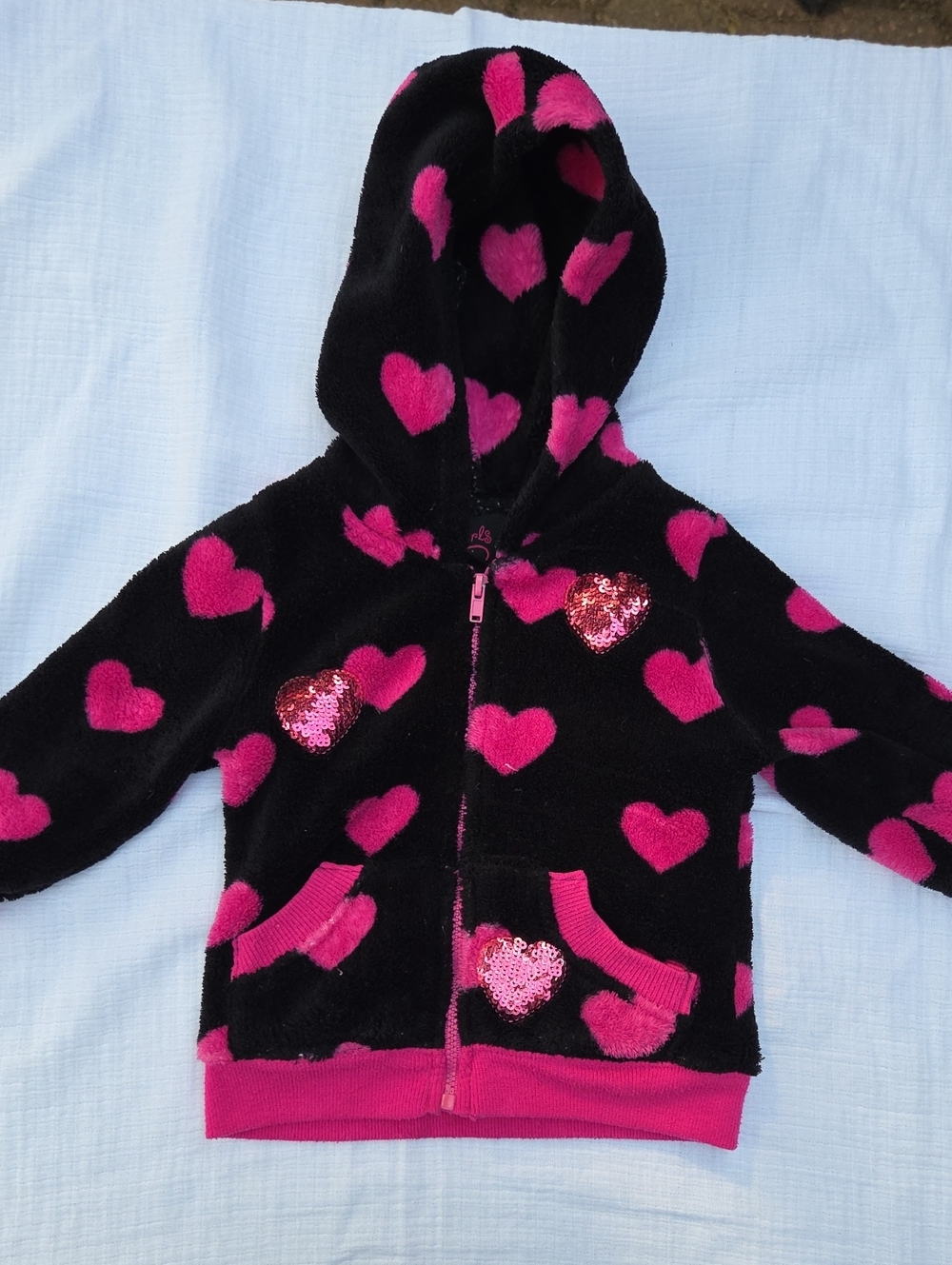 Girls Black & Pink Heart Hoodie with Sequin Accents (12 Mo)